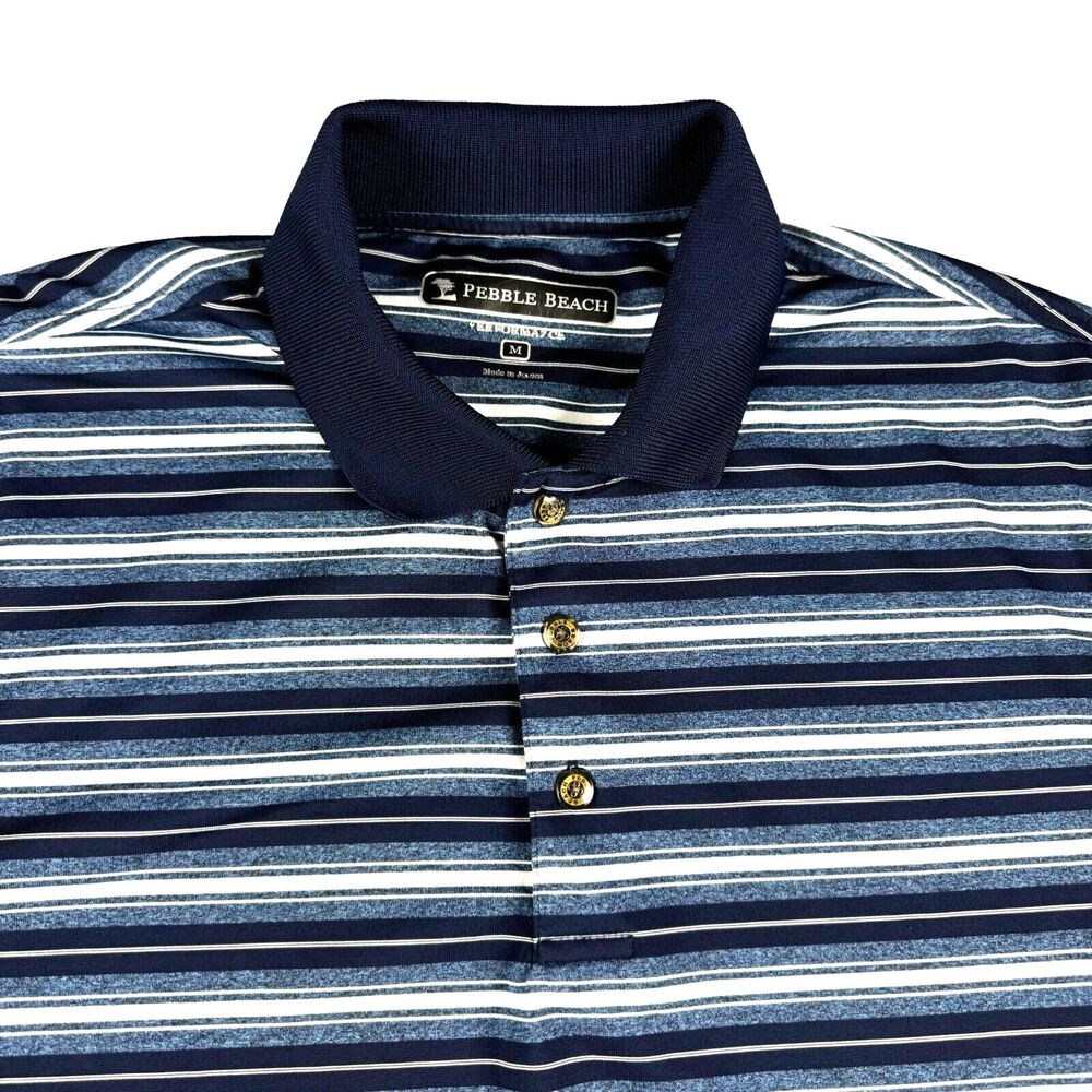 Pebble Beach Polo Shirt Men's Medium Blue Performance Striped Stretch Golf Top
